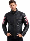 Men’s Black Leather Cafe Racer Jacket Union Jack Flag Design on Sleeves