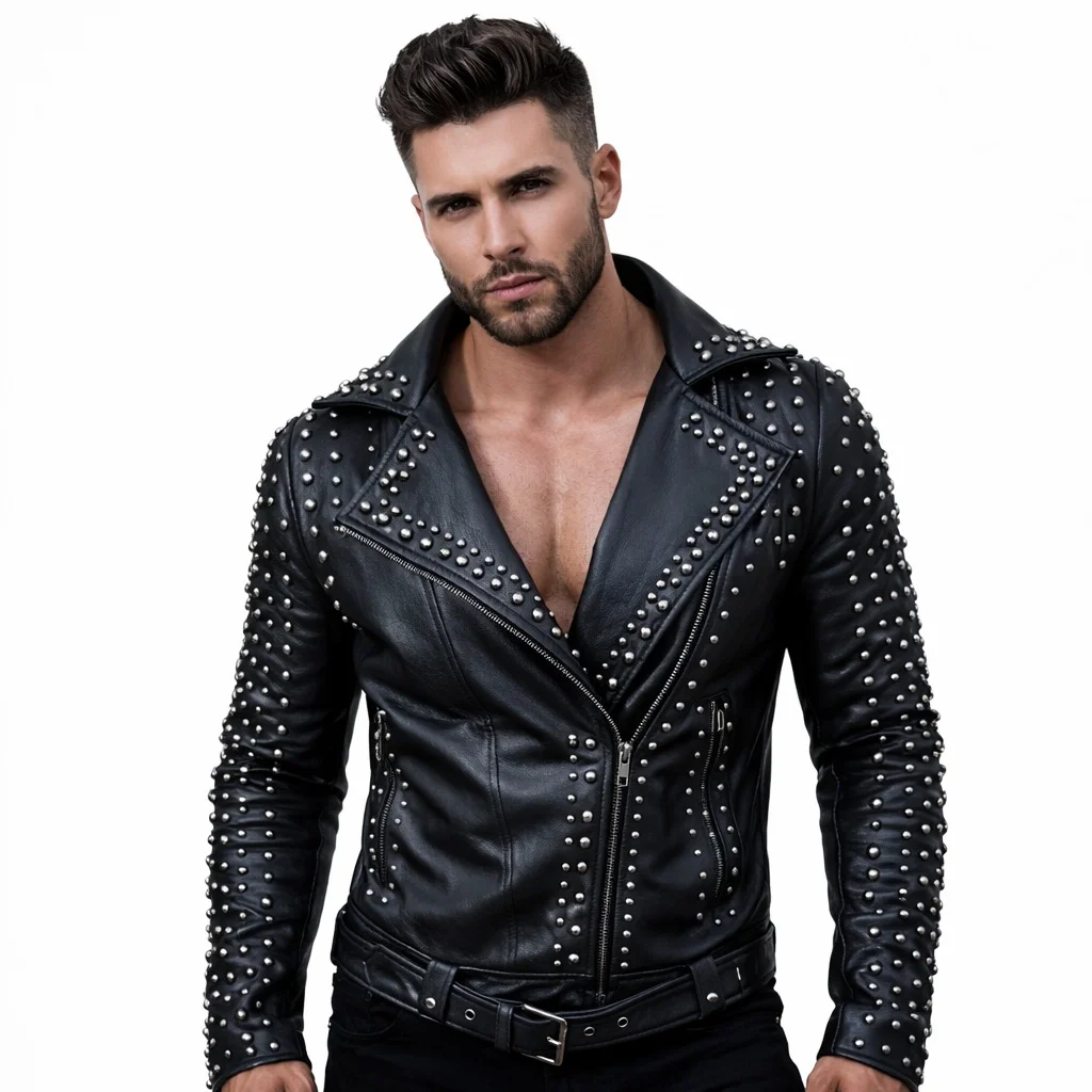 Men’s Black Studded Leather Biker Jacket Classic Moto Punk Style Jacket