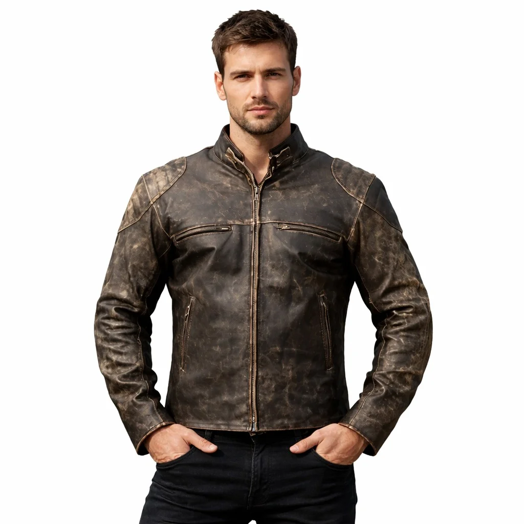 Men’s Distressed Black Leather Café Racer Jacket Slim Fit Vintage Motorcycle Style