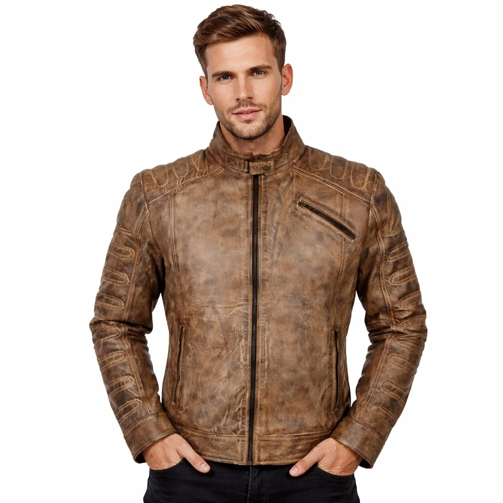 Men’s Distressed Brown Cafe Racer Leather Jacket Vintage Slim Fit Motorcycle Jacket