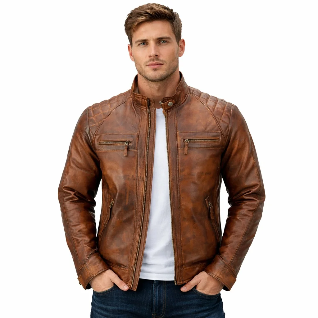 Distressed Brown Café Racer Leather Jacket with Quilted Shoulders