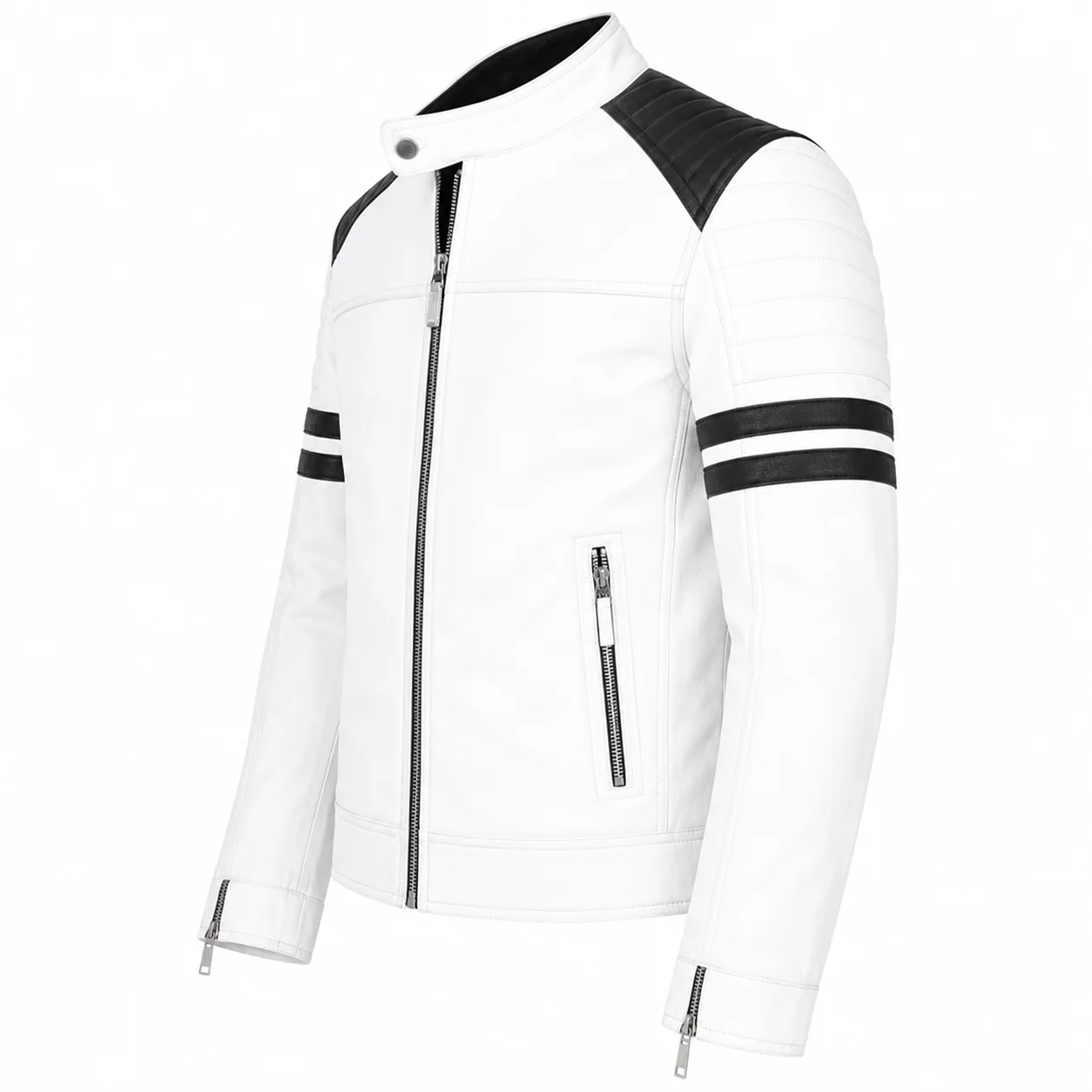 Men’s White Leather Biker Jacket with Black Stripes - Image 5