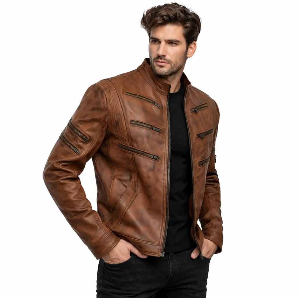 Men’s Brown Distressed Leather Jacket Vintage Biker & Casual Style