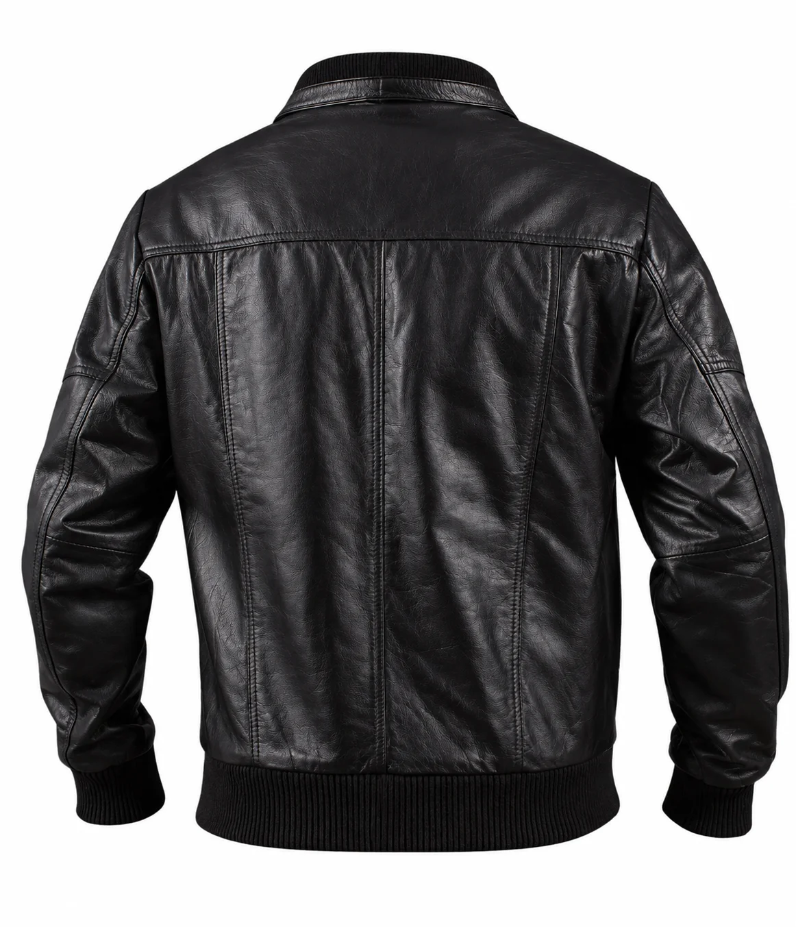 Men’s Black Leather Bomber Jacket Shirt Collar with Ribbed Cuffs - Image 4