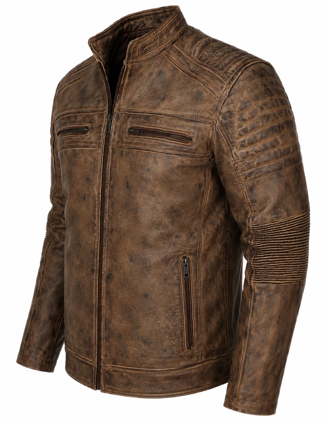 Men’s Vintage Distressed Brown Leather Cafe Racer Jacket Quilted Shoulder & Elbow Detailing, Stand-Up Collar - Image 5