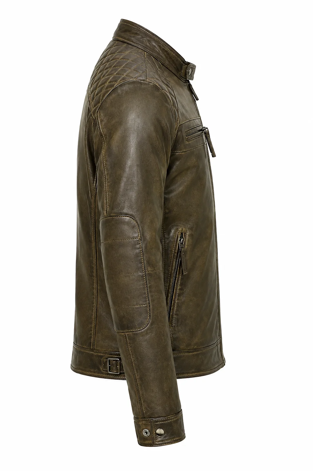 Men’s Vintage Biker Leather Jacket Quilted Shoulders with Stand Collar - Image 5