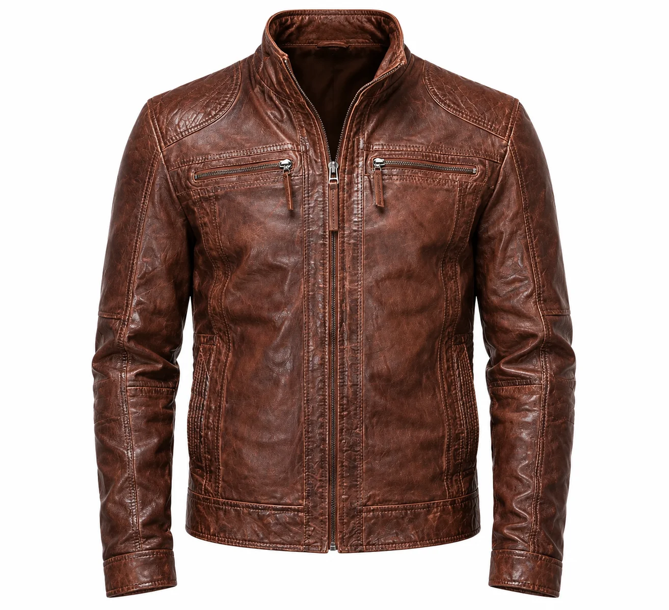 Men’s Vintage Distressed Brown Leather Motorcycle Jacket - Image 3