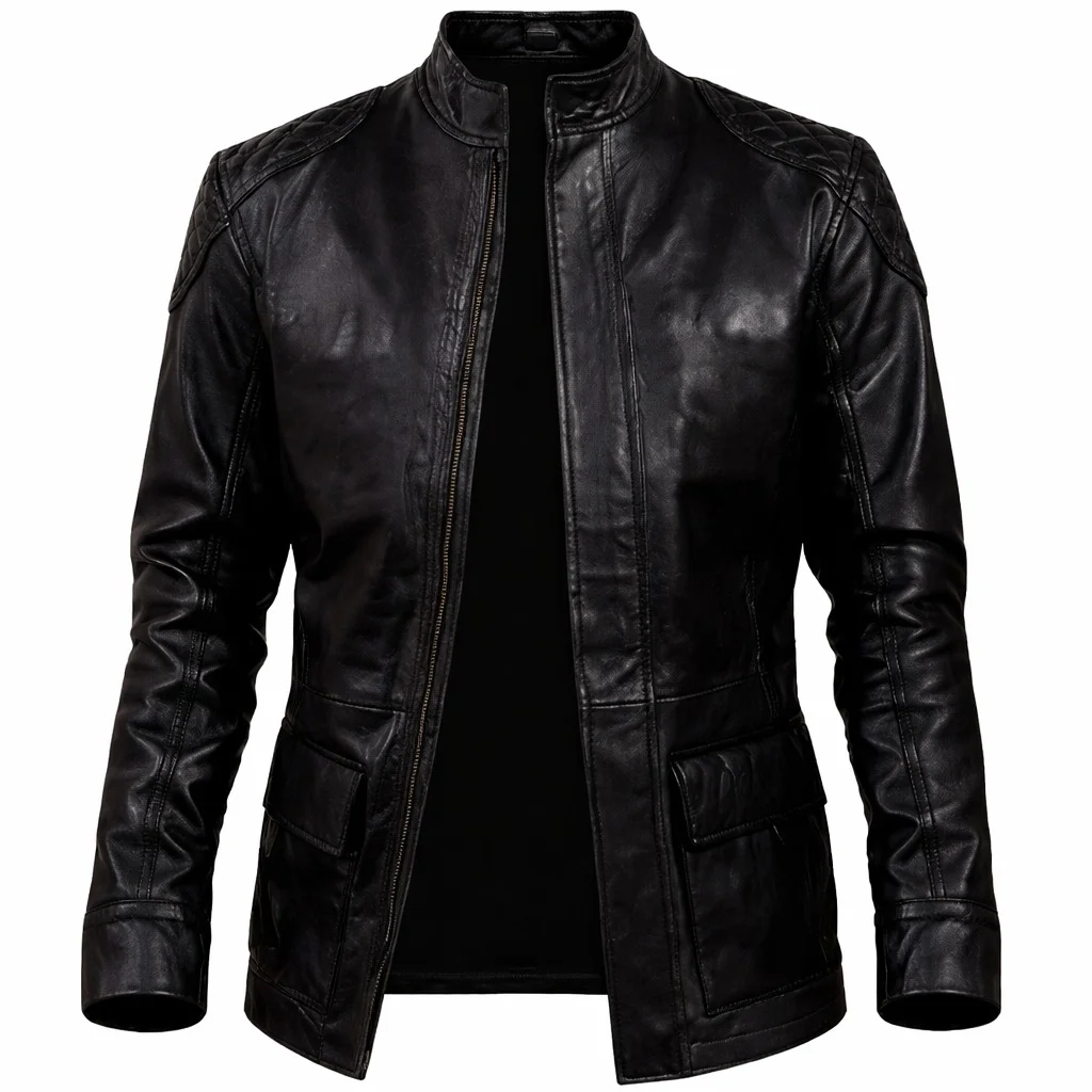 Men’s Black Genuine Leather Racing Jacket Snap-Tab Collar with Flap Pockets - Image 3