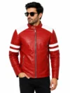 Men’s Red Leather Motorcycle Jacket with White Stripes