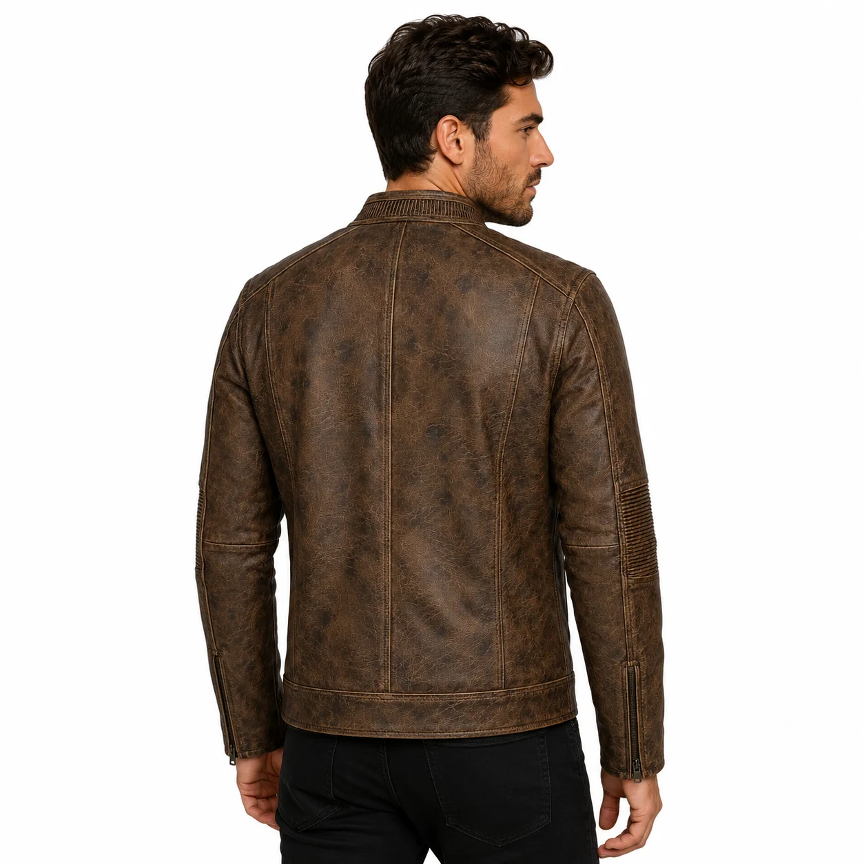 Men’s Vintage Distressed Brown Leather Cafe Racer Jacket Quilted Shoulder & Elbow Detailing, Stand-Up Collar - Image 2