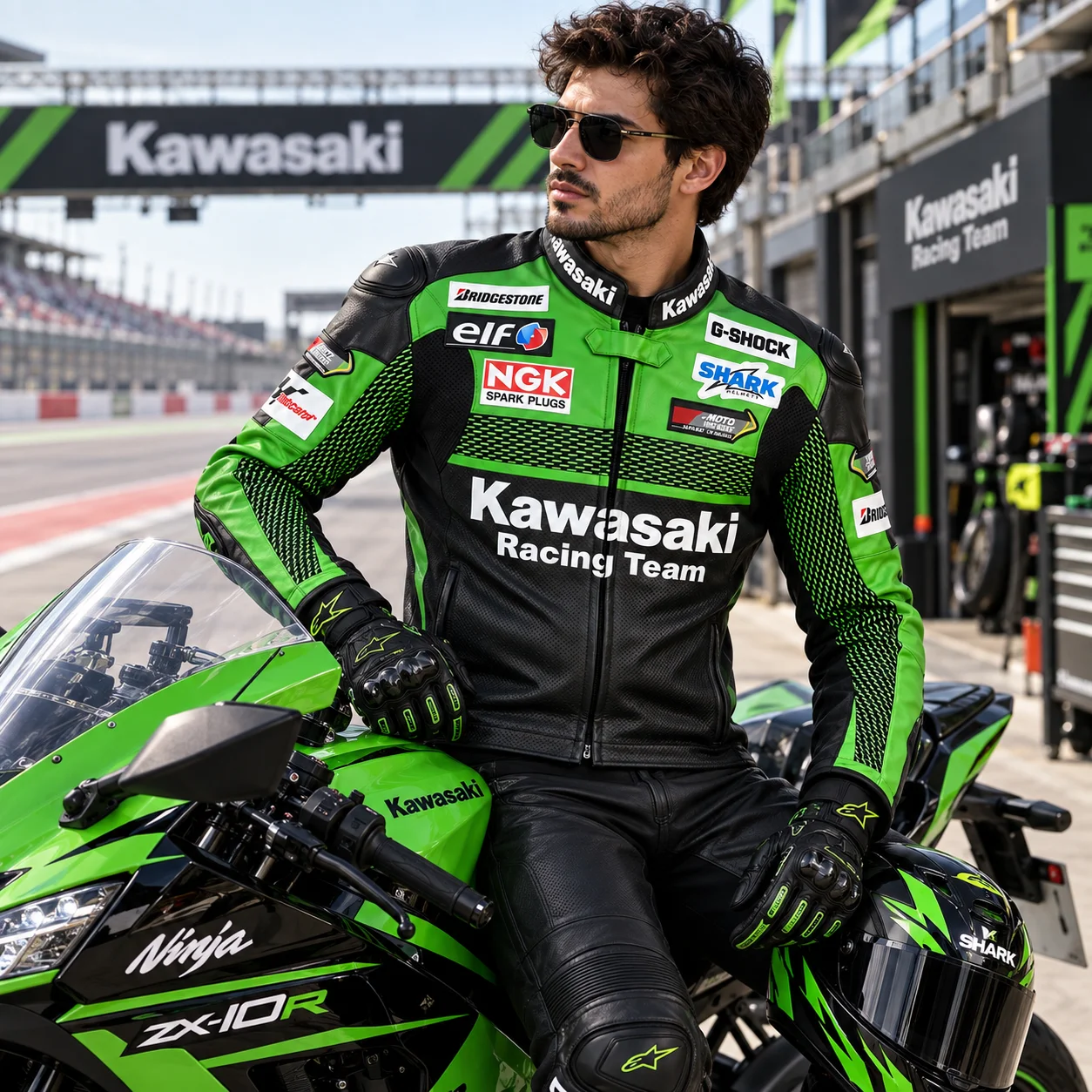 Kawasaki Racing Team Leather Motorcycle Green Jacket With