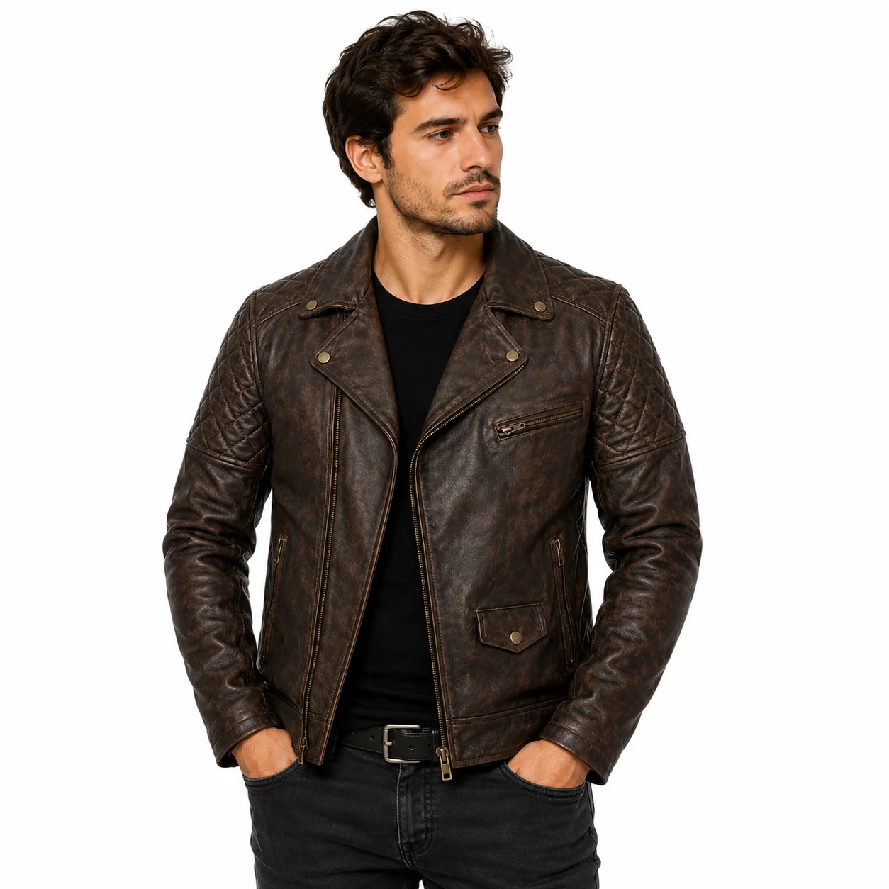 Men’s Vintage Brown Waxed Brando-Style Leather Biker Jacket
