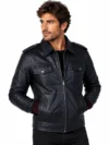 Men’s Genuine Black Leather Bomber Jacket Front Zip with Multiple Pockets