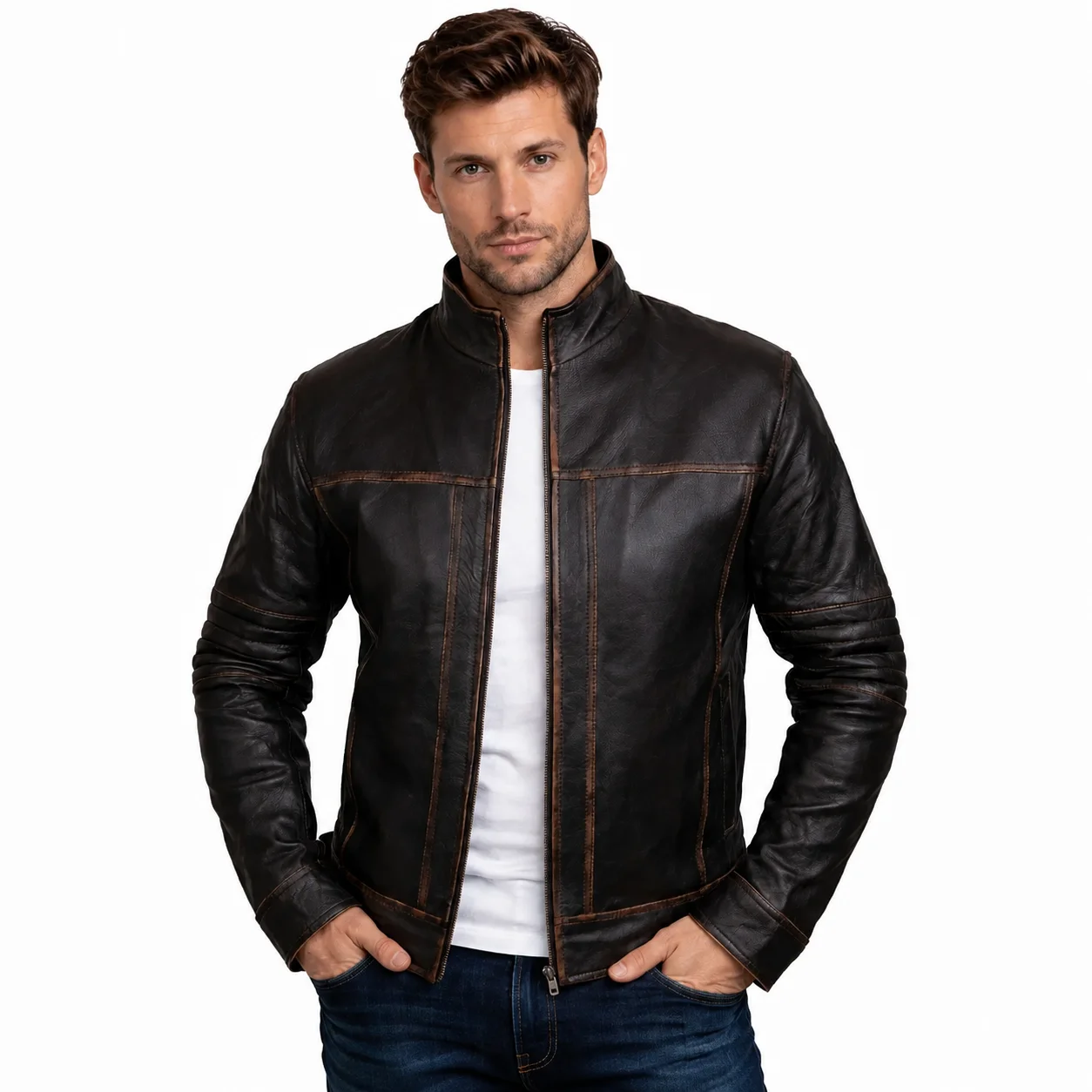 Men’s Genuine Leather Vintage Finish Cafe Racer Biker Jacket