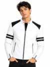 Men’s White Leather Biker Jacket with Black Stripes