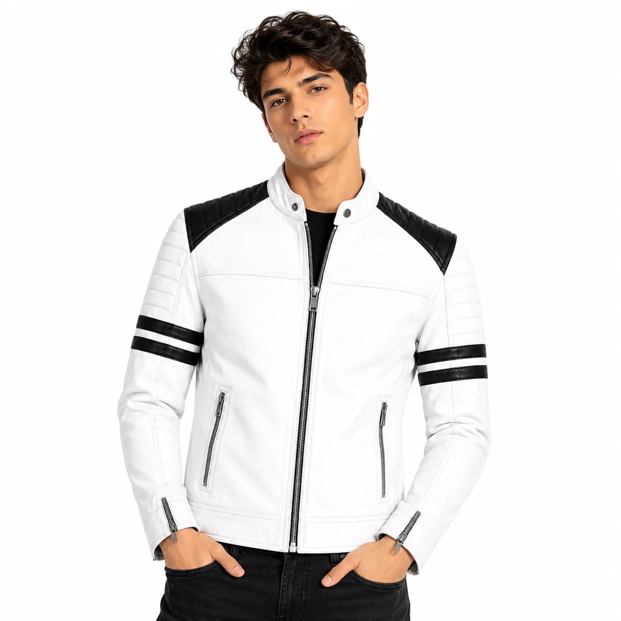 Men’s White Leather Biker Jacket with Black Stripes