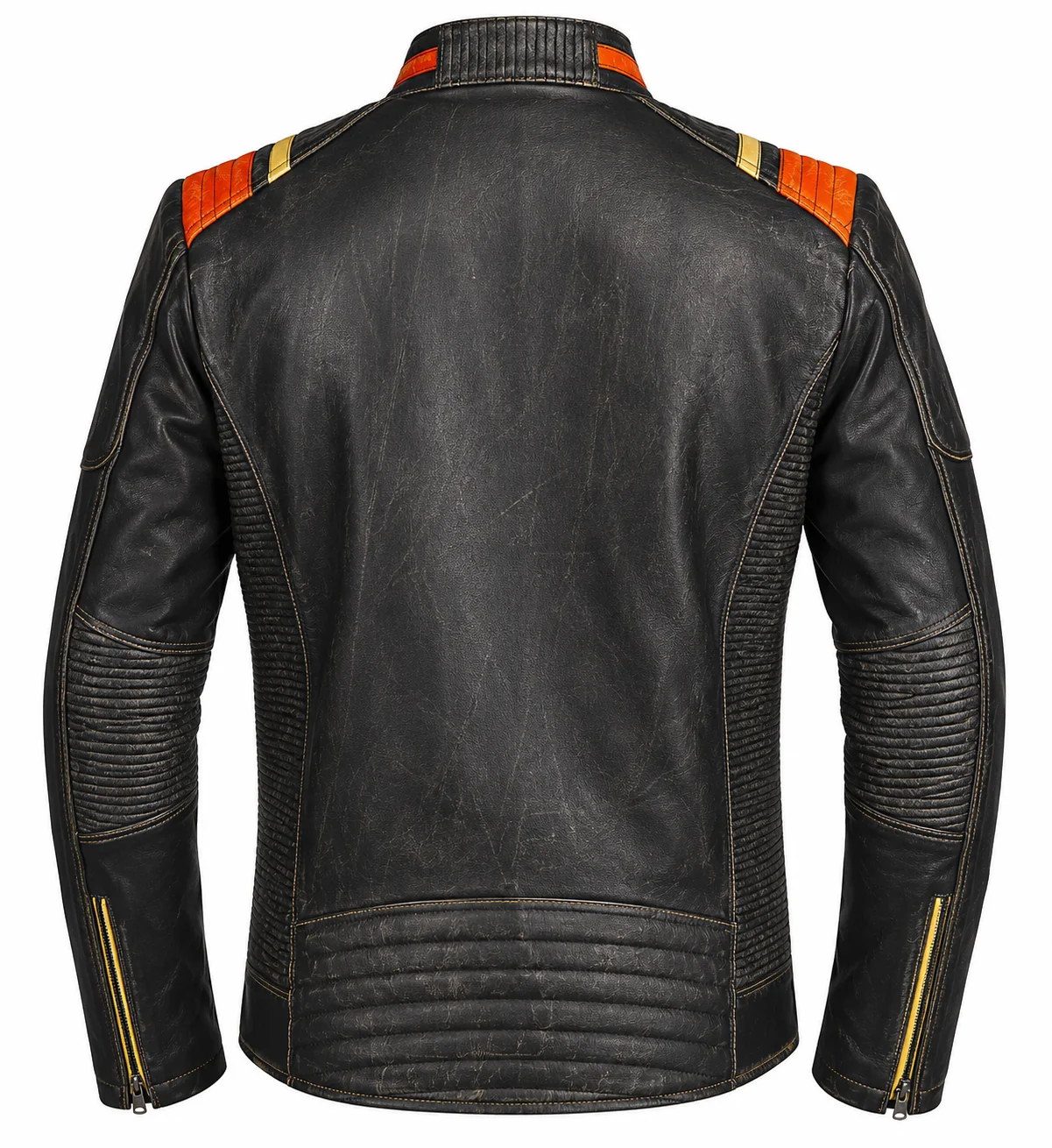 Men’s Vintage Distressed Leather Motorcycle Jacket with Orange & Gold Racing Stripes - Image 4