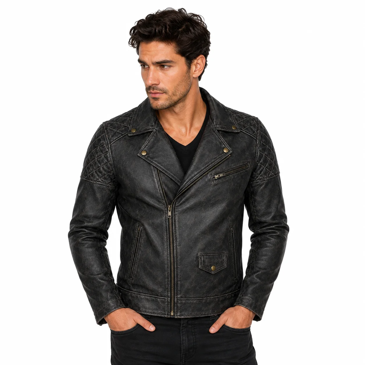 Men’s Vintage-Finish Genuine Leather Brando Biker Jacket