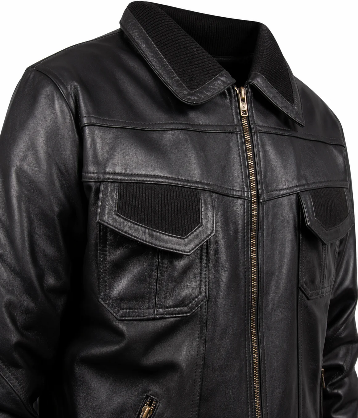 Men’s Black Leather Bomber Jacket Shirt Collar with Ribbed Cuffs - Image 5