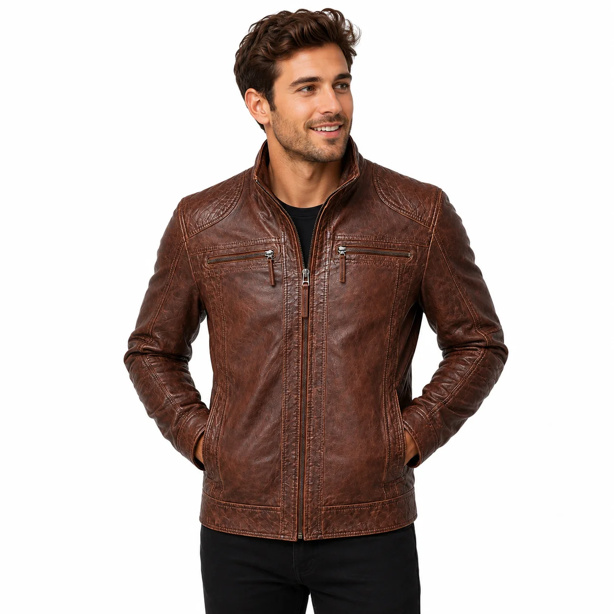 Men’s Vintage Distressed Brown Leather Motorcycle Jacket