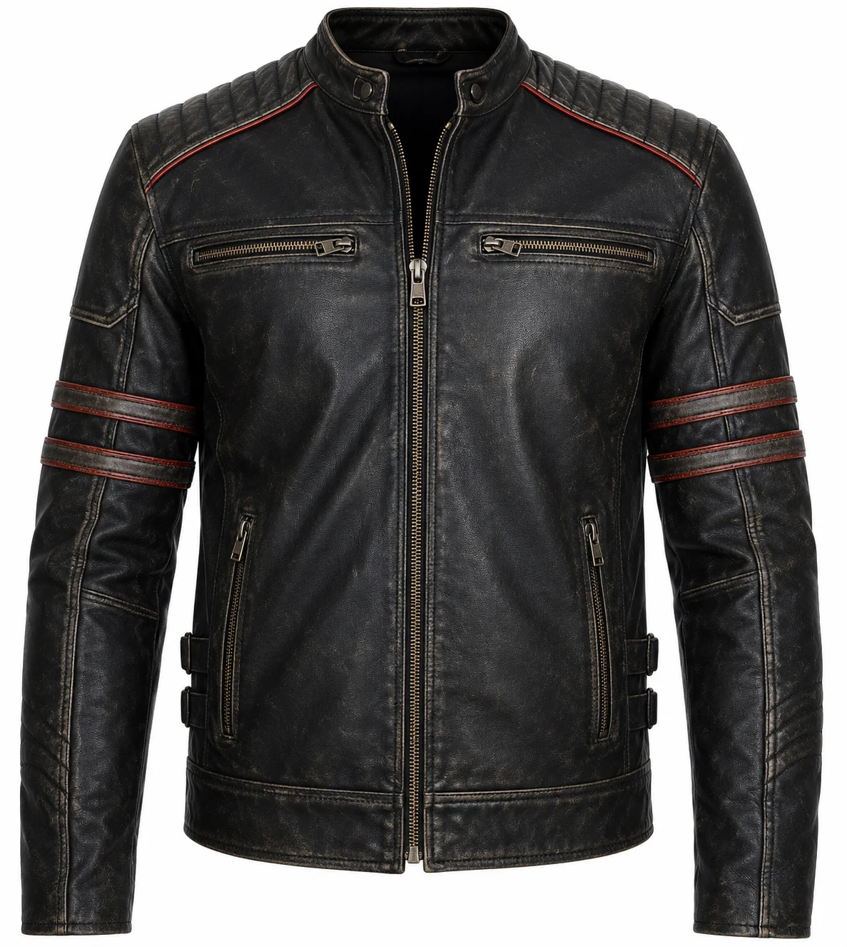 Men’s Vintage Distressed Black Leather Cafe Racer Motorcycle Jacket Red Racing Stripes - Image 3