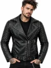 Men’s Black Studded Leather Biker Jacket Classic Moto Punk Style Jacket