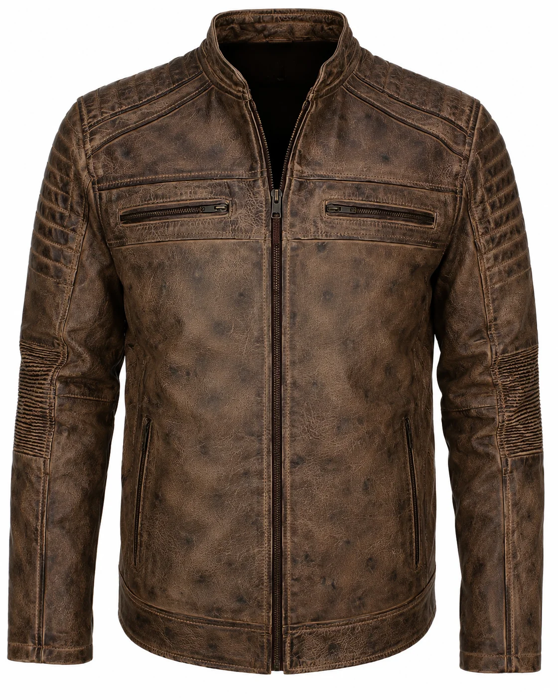 Men’s Vintage Distressed Brown Leather Cafe Racer Jacket Quilted Shoulder & Elbow Detailing, Stand-Up Collar - Image 3