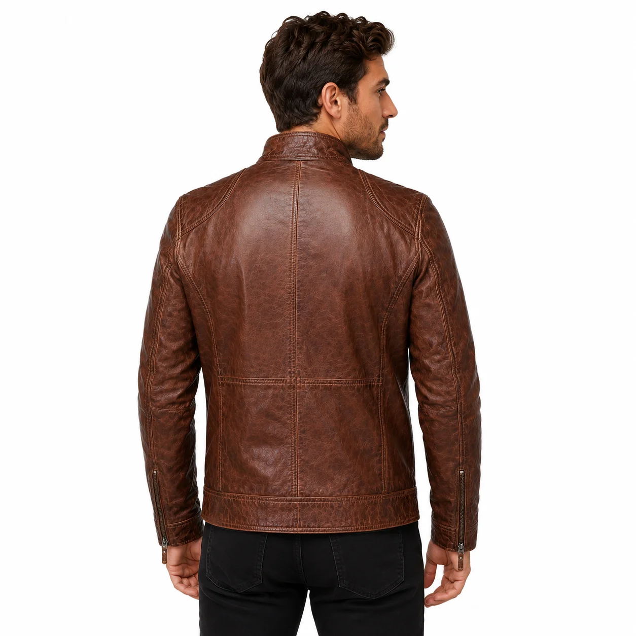 Men’s Vintage Distressed Brown Leather Motorcycle Jacket - Image 2