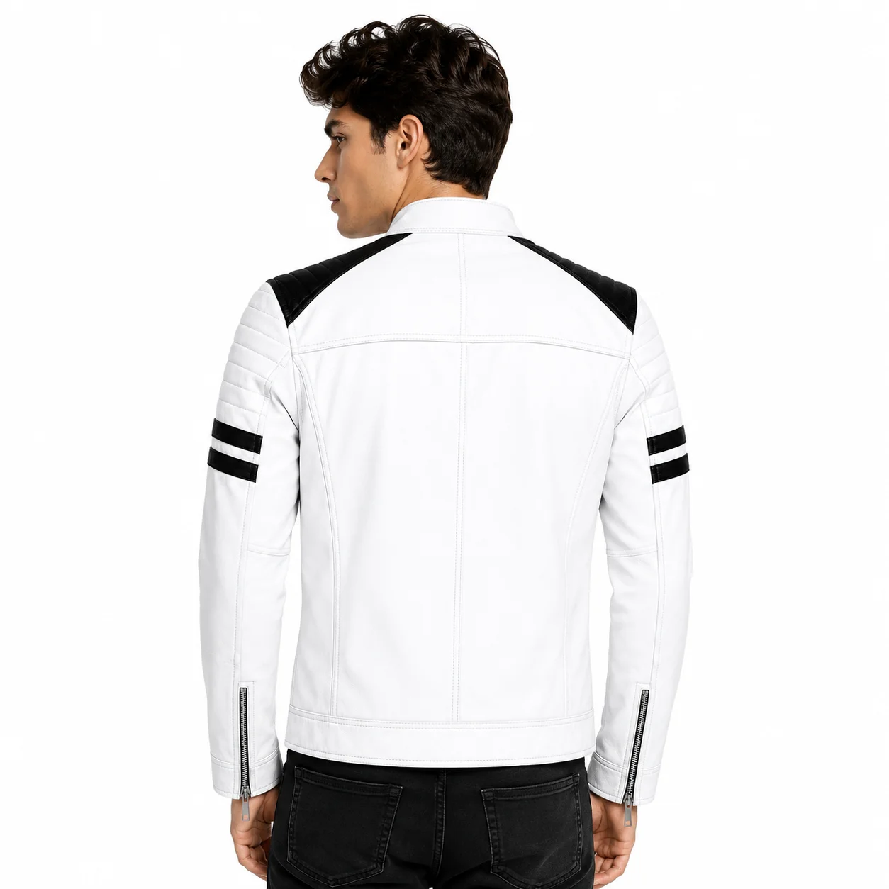 Men’s White Leather Biker Jacket with Black Stripes - Image 2