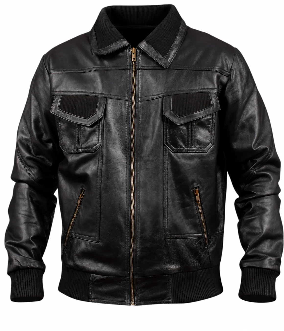 Men’s Black Leather Bomber Jacket Shirt Collar with Ribbed Cuffs - Image 3