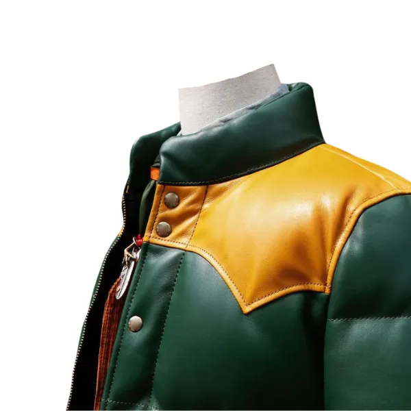 Green Designer Puffer Leather Jacket - Image 5
