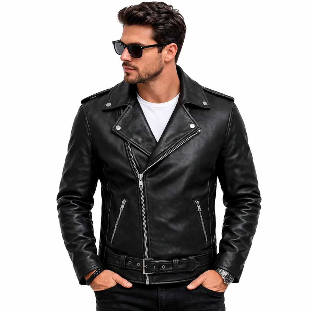 Fahsyee Men’s Black Faux Leather Asymmetric Zip-Up Lapel Biker Jacket Slim Fit Motorcycle Jacket