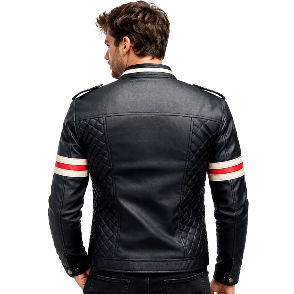 Men’s Black Leather Café Racer Jacket with Red & White Racing Stripes Slim Fit Motorcycle Style - Image 2