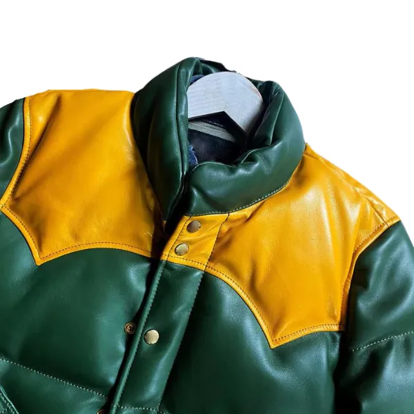Green Designer Puffer Leather Jacket