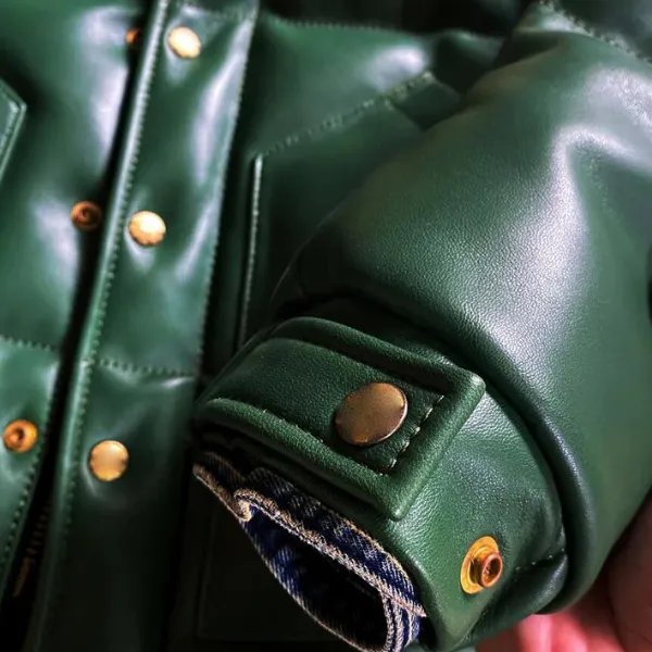 Green Designer Puffer Leather Jacket - Image 3
