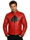 Men’s Red Leather Jacket Black Piping & Large Black Spade Chest Symbol, Genuine Leather