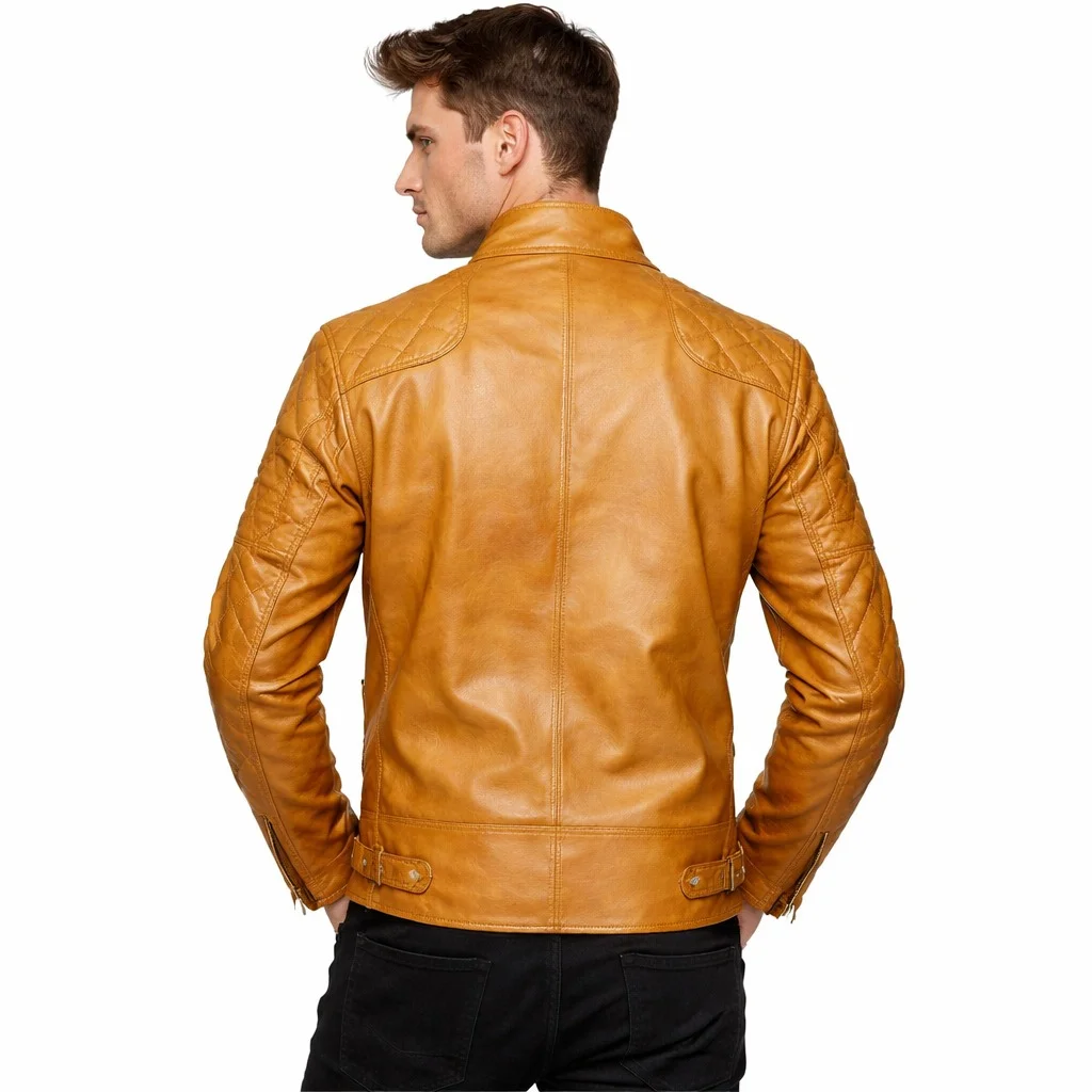 David Beckham-Inspired Brown Quilted Shoulder Café Racer Leather Jacket - Image 2