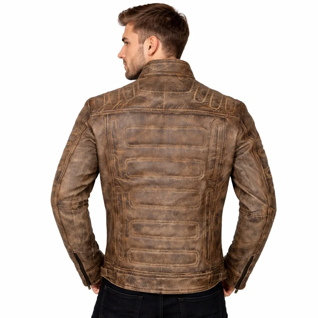 Men’s Distressed Brown Cafe Racer Leather Jacket Vintage Slim Fit Motorcycle Jacket - Image 2