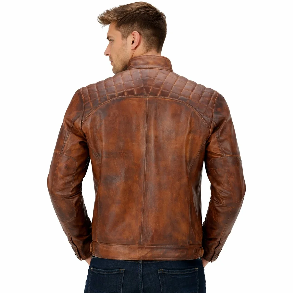 Distressed Brown Café Racer Leather Jacket with Quilted Shoulders - Image 2