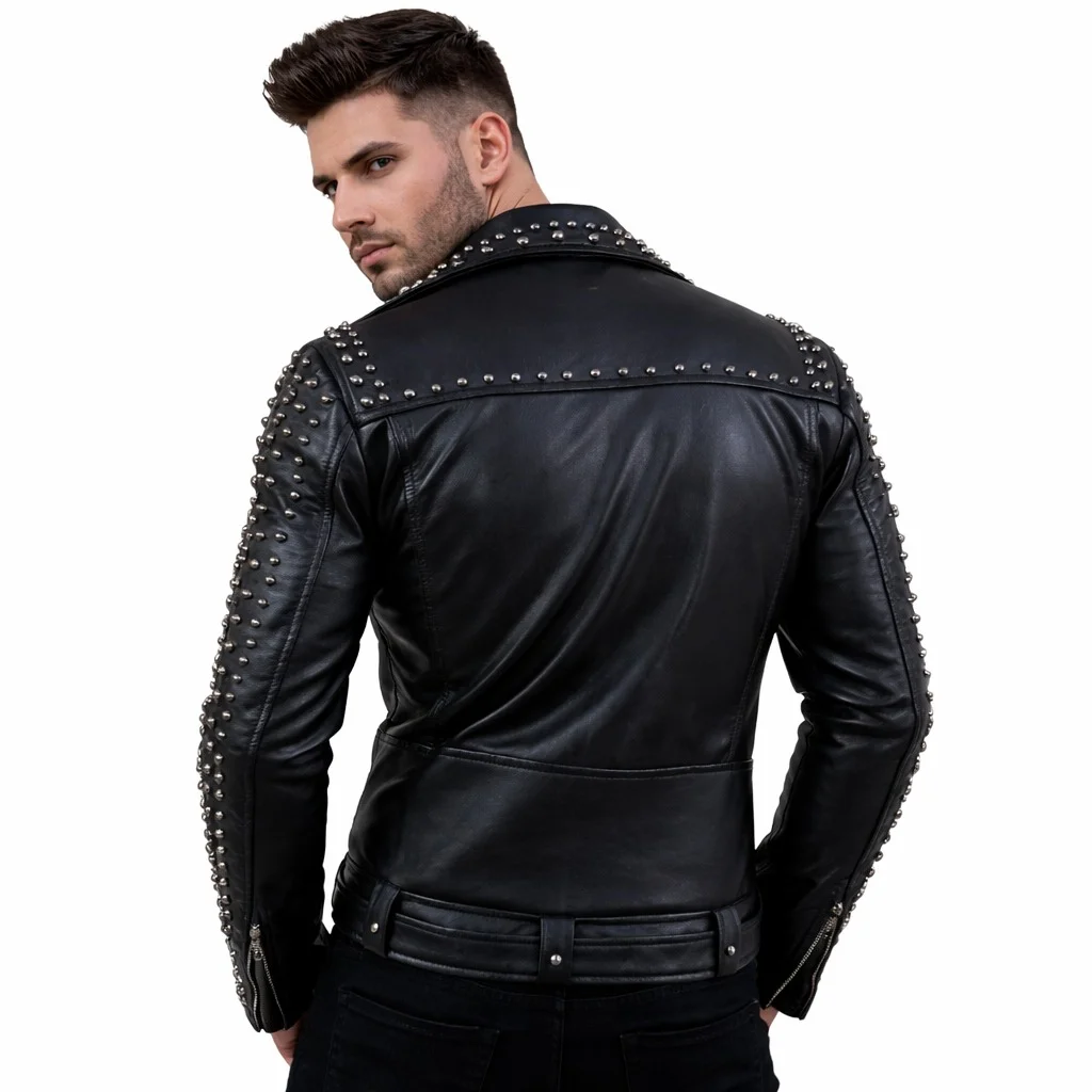 Men’s Black Studded Leather Biker Jacket Classic Moto Punk Style Jacket - Image 2