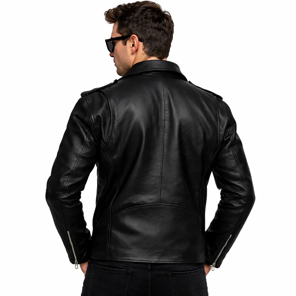 Fahsyee Men’s Black Faux Leather Asymmetric Zip-Up Lapel Biker Jacket Slim Fit Motorcycle Jacket - Image 2