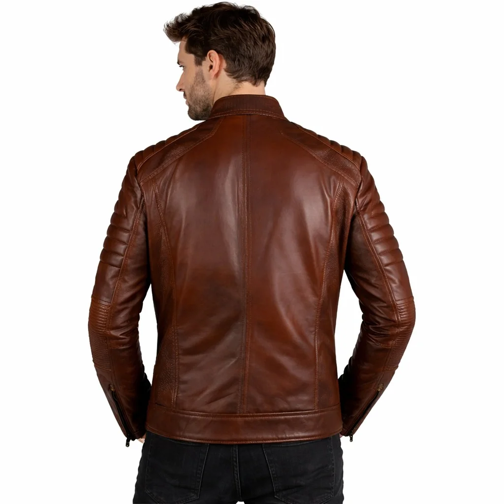 Men’s Brown Real Leather Cafe Racer Jacket Stand-Up Collar & Multiple Zipper Pockets - Image 2