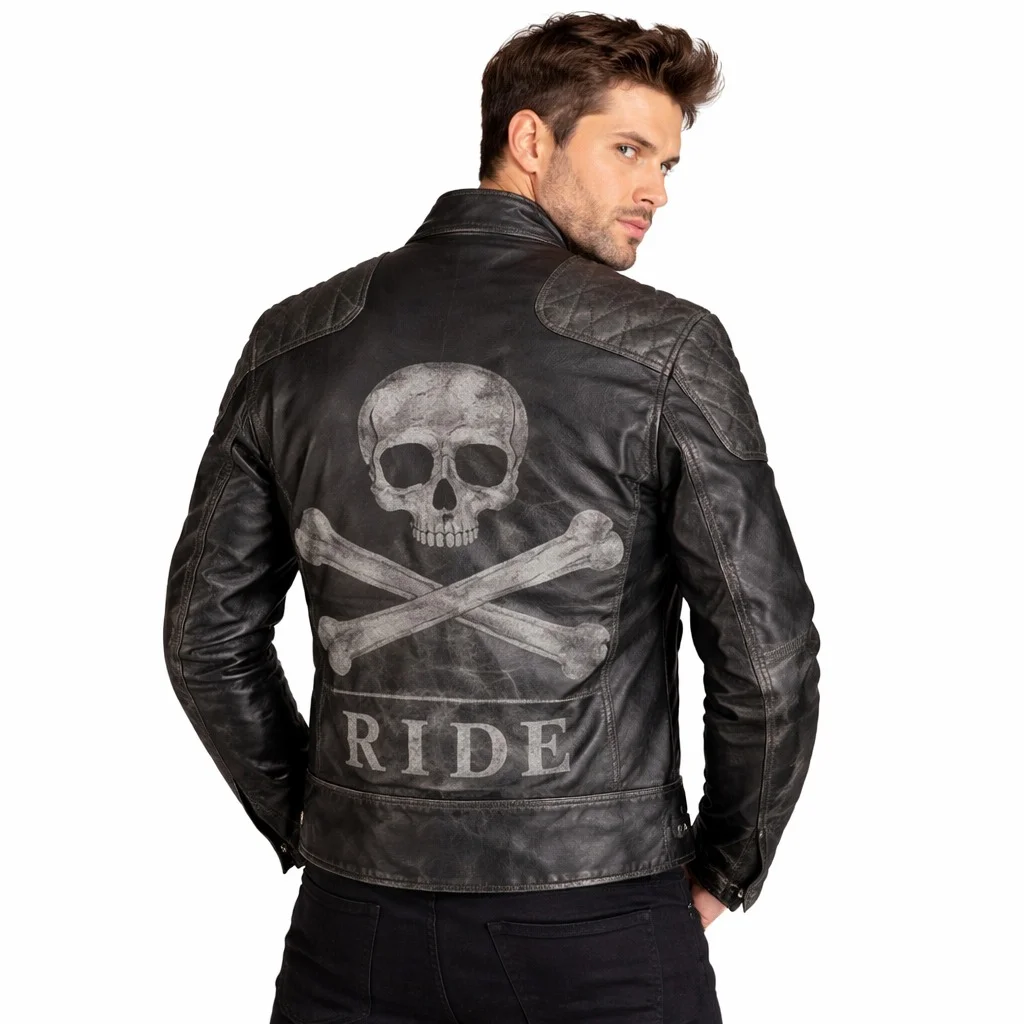 Men’s Black Distressed Genuine Leather Biker Jacket Quilted Shoulder Design - Image 2