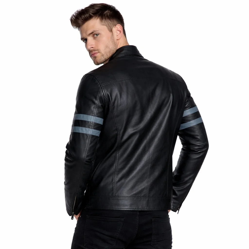 Men’s Black Leather Biker Jacket with Grey / Blue Racing Stripes Genuine Leather Motorcycle Jacket - Image 2