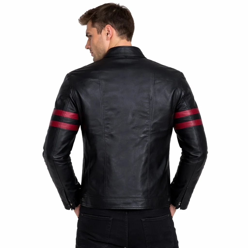 Men’s Black Leather Biker Jacket with Red Racing Stripes Genuine Leather Motorcycle Jacket - Image 2