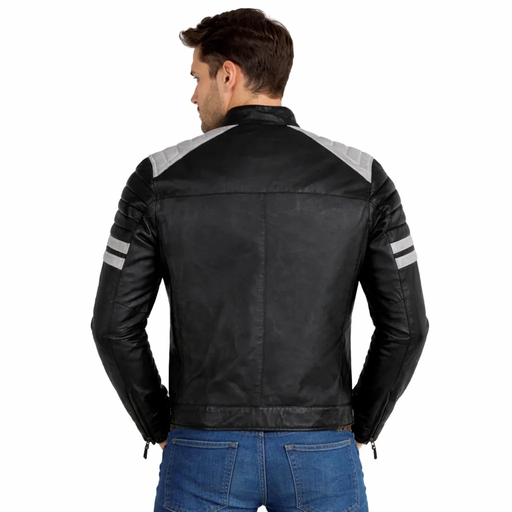 Men’s Black Leather Café Racer Jacket with White Stripes - Image 2