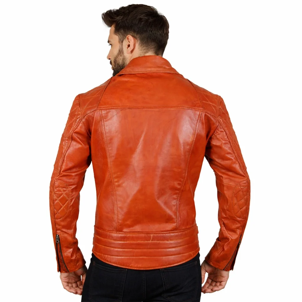 Men’s Classic Diamond Biker Leather Jacket Rusty Orange / Tan Brown - Image 2