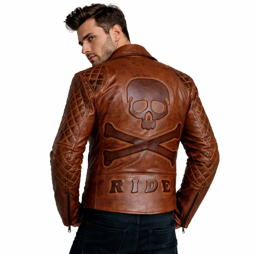 Men’s Classic Diamond Distressed Vintage Brown Leather Jacket - Image 2