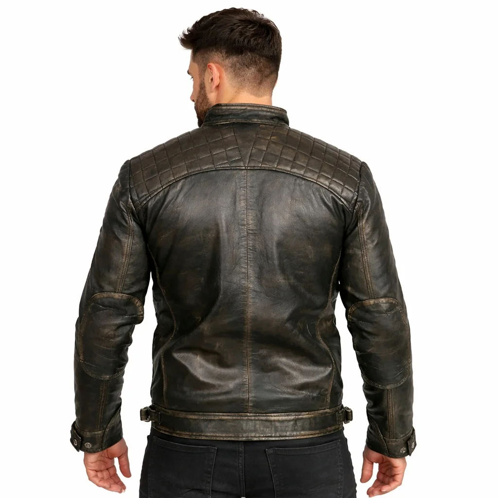 Men’s Distressed Black Cafe Racer Vintage Biker Leather Jacket Genuine Leather - Image 2
