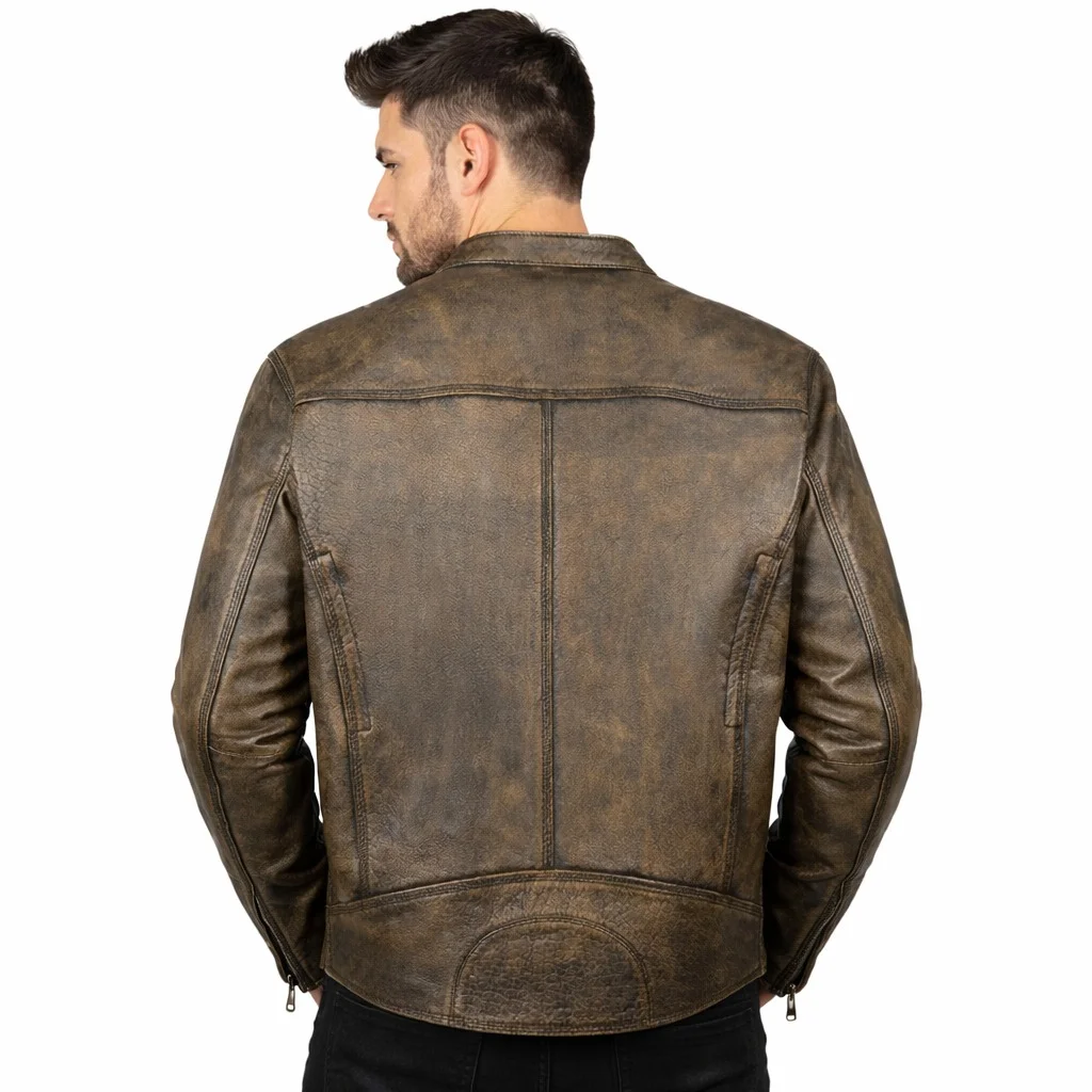 Men’s Distressed Brown Leather Cafe Racer Jacket Stand Collar & Multiple Zipper Pockets - Image 2